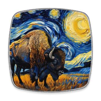 Bison, Buffalo, Animal, Van Gogh, Starry Night - Square fridge magnet - white - Front