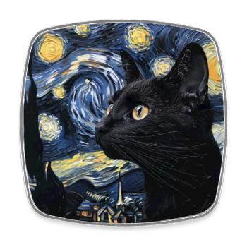Chat Noir, Chats, Van Gogh, Nuit Étoilée - Magnet carré - blanc - Devant