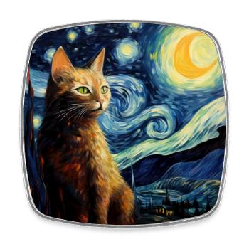 Cat, Cat Motif, Van Gogh, Starry Night - Square fridge magnet - white - Front