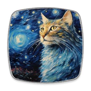 Chat, Motif De Chat, Van Gogh, Nuit Étoilée - Magnet carré - blanc - Devant