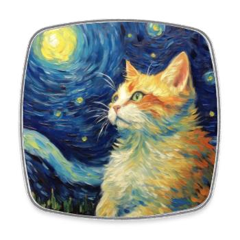 Cat, Cat Motif, Van Gogh, Starry Night - Square fridge magnet - white - Front