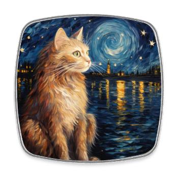 Chat, Motif De Chat, Van Gogh, Nuit Étoilée - Magnet carré - blanc - Devant