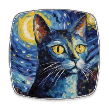 Chat, Motif De Chat, Van Gogh, Nuit Étoilée - Magnet carré - blanc - Devant