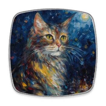 Chat, Motif De Chat, Van Gogh, Nuit Étoilée - Magnet carré - blanc - Devant