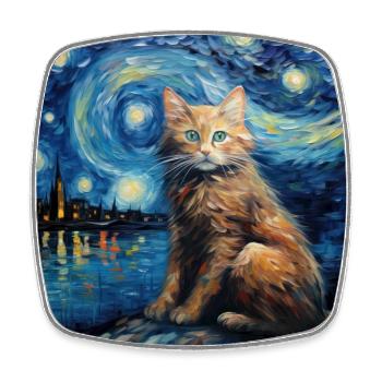 Chat, Motif De Chat, Van Gogh, Nuit Étoilée - Magnet carré - blanc - Devant