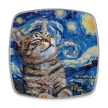 Cat, Cat Motif, Van Gogh, Starry Night - Square fridge magnet - white - Front
