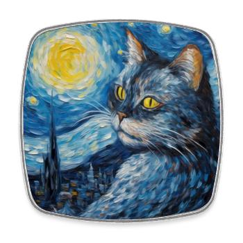 Cat, Cat Motif, Van Gogh, Starry Night - Square fridge magnet - white - Front