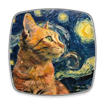 Cat, Cat Motif, Van Gogh, Starry Night - Square fridge magnet - white - Front