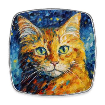 Cat, Cat Motif, Van Gogh, Starry Night - Square fridge magnet - white - Front