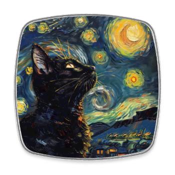 Cat, Cat Motif, Van Gogh, Starry Night - Square fridge magnet - white - Front