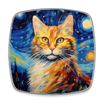 Cat, cat motif, van gogh, starry night - Square fridge magnet - white - Front