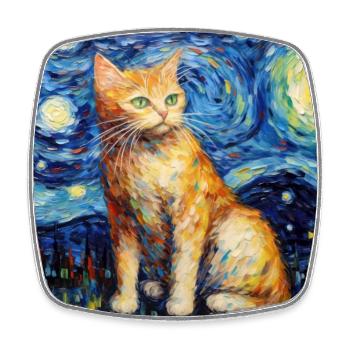 Cat, Cat Motif, Van Gogh, Starry Night - Square fridge magnet - white - Front
