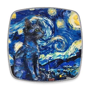Cat, Cat Motif, Van Gogh, Starry Night - Square fridge magnet - white - Front