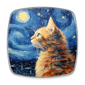 Cat, Cat Motif, Van Gogh, Starry Night - Square fridge magnet - white - Front