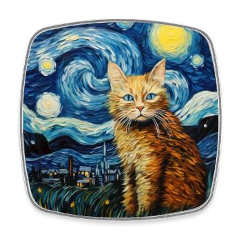Cat, Cat Motif, Van Gogh, Starry Night - Square fridge magnet - white - Front
