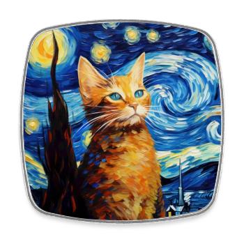 Cat, Cat Motif, Van Gogh, Starry Night - Square fridge magnet - white - Front