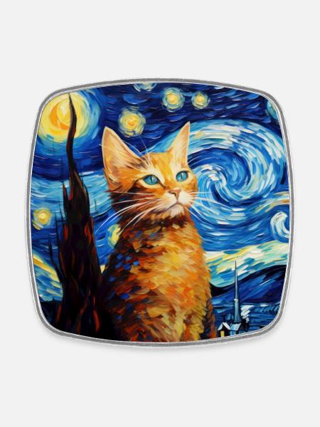 Katze, katzenmotiv, van gogh, sternennacht - Viereckiger Kühlschrankmagnet - Weiß