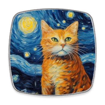 Cat, Cat Motif, Van Gogh, Starry Night - Square fridge magnet - white - Front