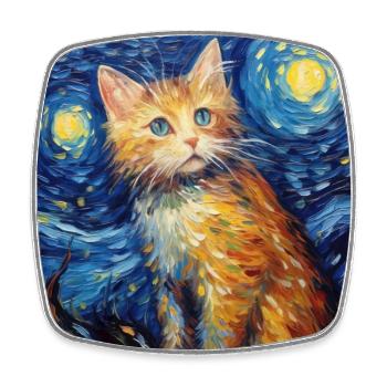 Chat, Motif De Chat, Van Gogh, Nuit Étoilée - Magnet carré - blanc - Devant