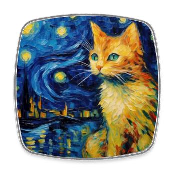 Chat, Motif De Chat, Van Gogh, Nuit Étoilée - Magnet carré - blanc - Devant