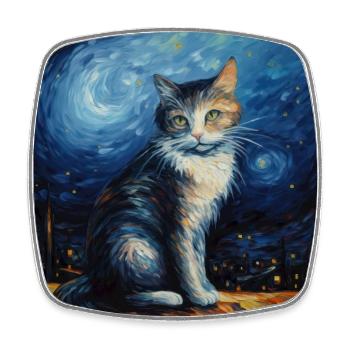 Cat, cat motif, van gogh, starry night - Square fridge magnet - white - Front