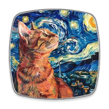 Cat, Cat Motif, Van Gogh, Starry Night - Square fridge magnet - white - Front