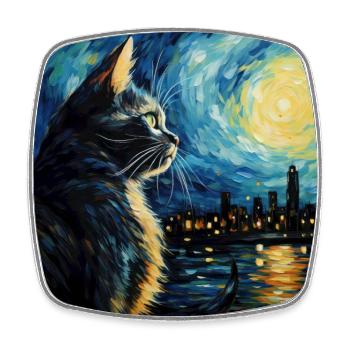 Chat, Motif De Chat, Van Gogh, Nuit Étoilée - Magnet carré - blanc - Devant