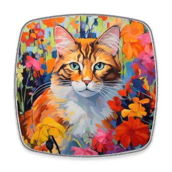 chat, motif de chat, fleurs, cadeau, idée cadeau - Magnet carré - blanc - Devant