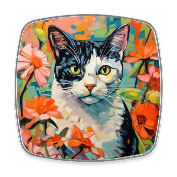 cat, cat motif, flowers, gift, gift idea - Square fridge magnet - white - Front