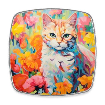 chat, motif de chat, fleurs, cadeau, idée cadeau - Magnet carré - blanc - Devant