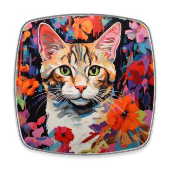 chat, motif de chat, fleurs, cadeau, idée cadeau - Magnet carré - blanc - Devant