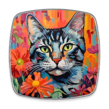 cat, cat motif, flowers, gift, gift idea - Square fridge magnet - white - Front