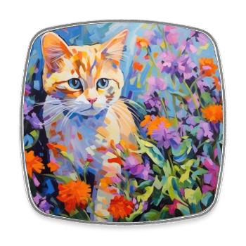 Katze, katzenmotiv, blumen, geschenk, geschenkidee - Viereckiger Kühlschrankmagnet - Weiß - Vorne