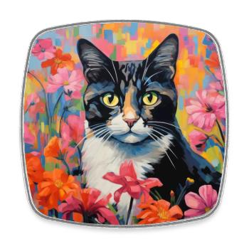 chat, motif de chat, fleurs, cadeau, idée cadeau - Magnet carré - blanc - Devant