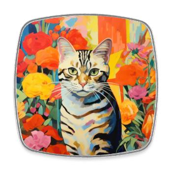chat, motif de chat, fleurs, cadeau, idée cadeau - Magnet carré - blanc - Devant