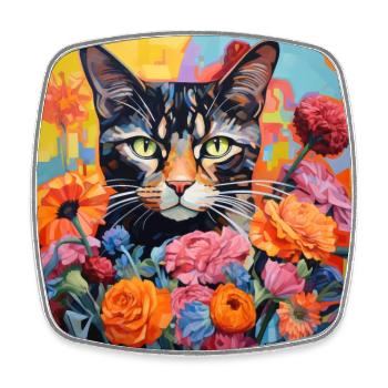 Katze, katzenmotiv, blumen, geschenk, geschenkidee - Viereckiger Kühlschrankmagnet - Weiß - Vorne