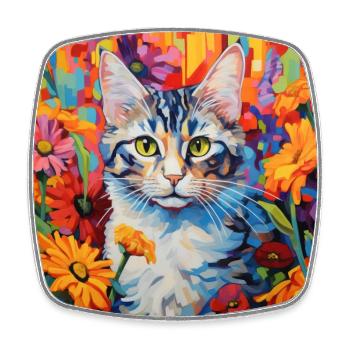 chat, motif de chat, fleurs, cadeau, idée cadeau - Magnet carré - blanc - Devant