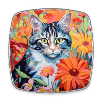 chat, motif de chat, fleurs, cadeau, idée cadeau - Magnet carré - blanc - Devant