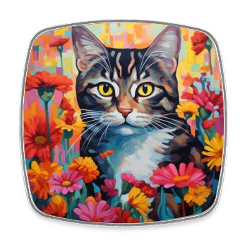 chat, motif de chat, fleurs, cadeau, idée cadeau - Magnet carré - blanc - Devant