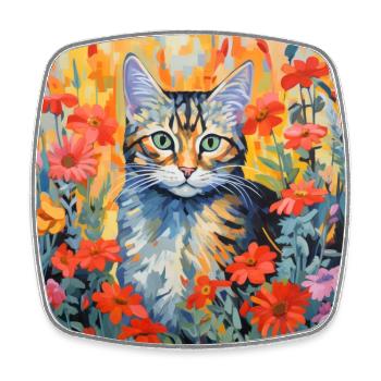 chat, motif de chat, fleurs, cadeau, idée cadeau - Magnet carré - blanc - Devant
