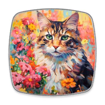 chat, motif de chat, fleurs, cadeau, idée cadeau - Magnet carré - blanc - Devant