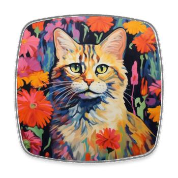 cat, cat motif, flowers, gift, gift idea - Square fridge magnet - white - Front