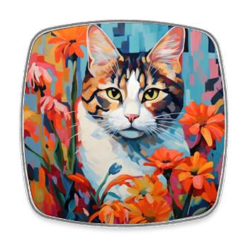cat, cat motif, flowers, gift, gift idea - Square fridge magnet - white - Front