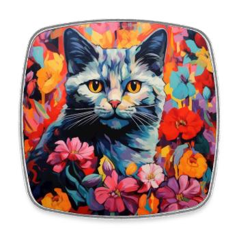 Katze, katzenmotiv, blumen, geschenk, geschenkidee - Viereckiger Kühlschrankmagnet - Weiß - Vorne