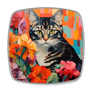 chat, motif de chat, fleurs, cadeau, idée cadeau - Magnet carré - blanc - Devant