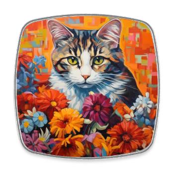 chat, motif de chat, fleurs, cadeau, idée cadeau - Magnet carré - blanc - Devant