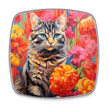 Katze, katzenmotiv, blumen, geschenk, geschenkidee - Viereckiger Kühlschrankmagnet - Weiß - Vorne
