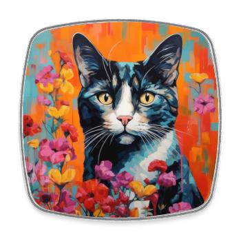 chat, motif de chat, fleurs, cadeau, idée cadeau - Magnet carré - blanc - Devant