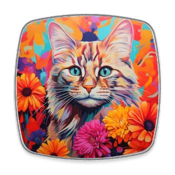 Katze, katzenmotiv, blumen, geschenk, geschenkidee - Viereckiger Kühlschrankmagnet - Weiß - Vorne
