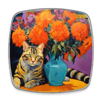 chat, motif de chat, fleurs, cadeau, idée cadeau - Magnet carré - blanc - Devant